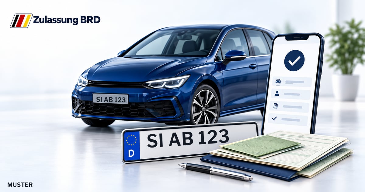 Online Fahrzeugzulassung in Netphen: Musterkennzeichen SI AB 123, Auto und Fahrzeugpapiere und Smartphone. Illustration mit Logo von Zulassung BRD.